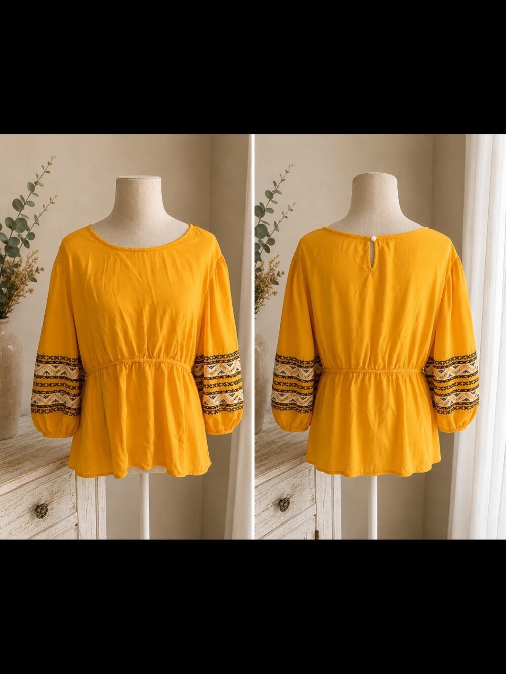 Emery Rose ~ Yellow Embroidered Boho Peasant Top – 3X
